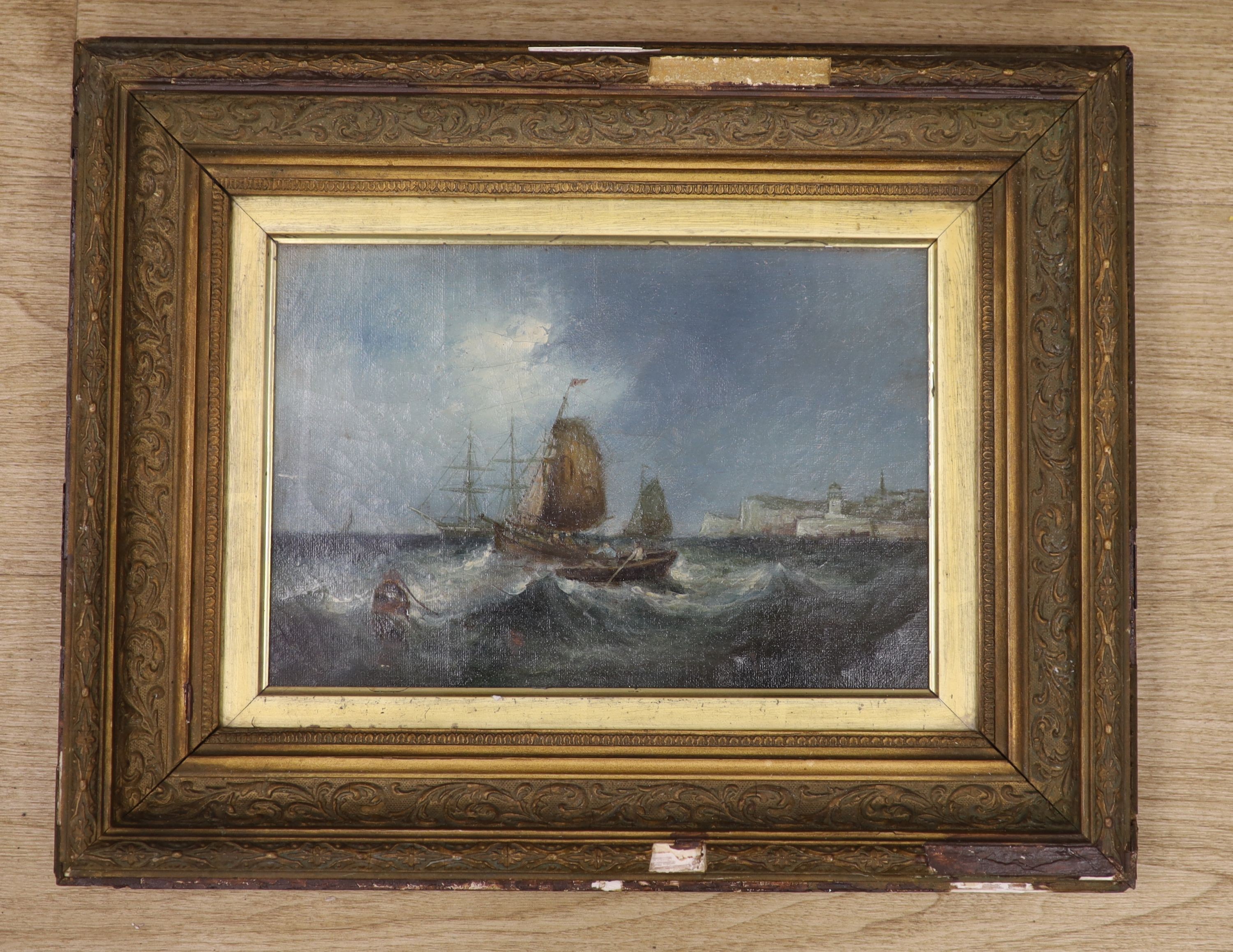 19th century English School, oil on canvas, Shipping off the coast, 19 x 28cm